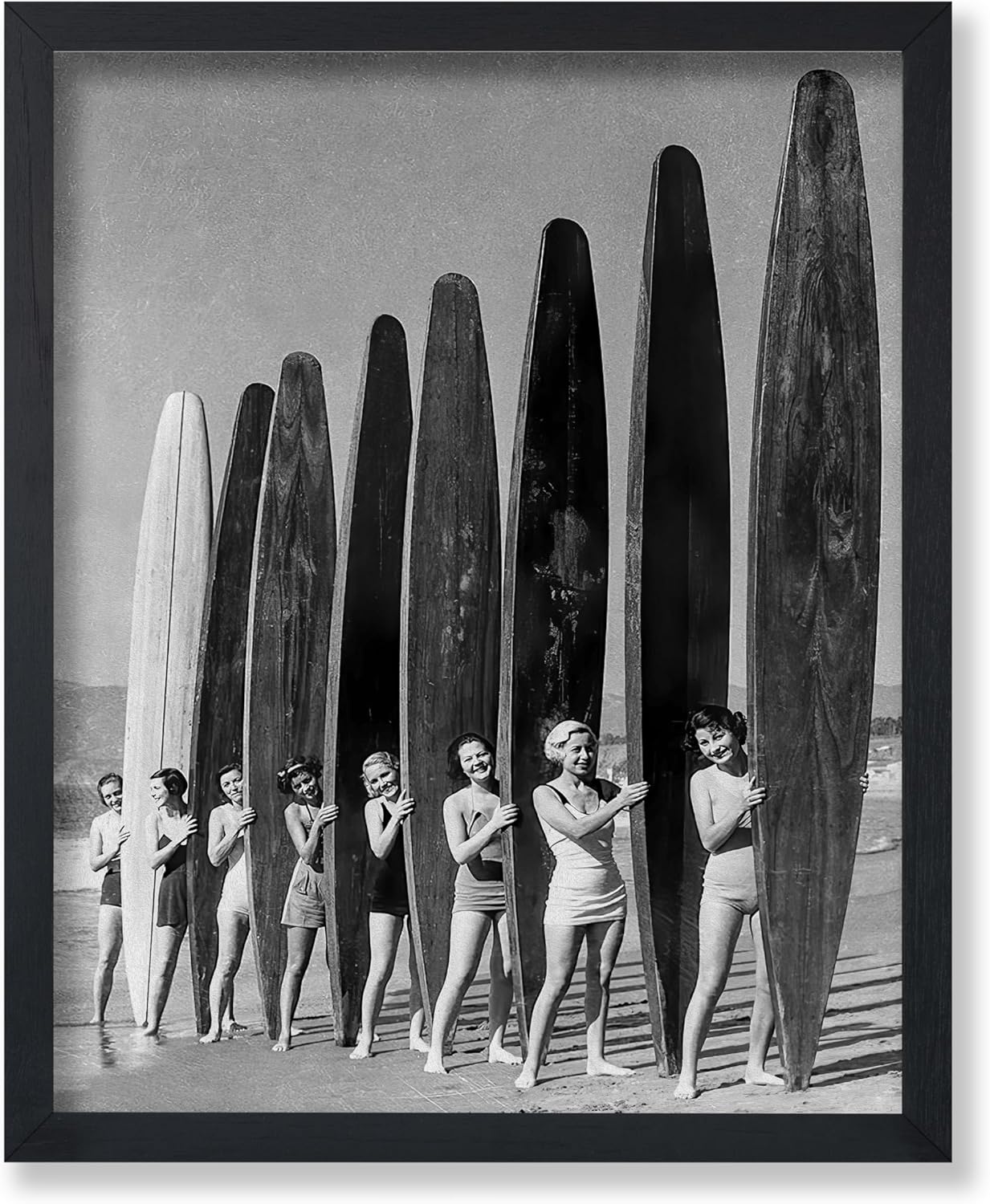 Black and white print of surfer girls in the 60s